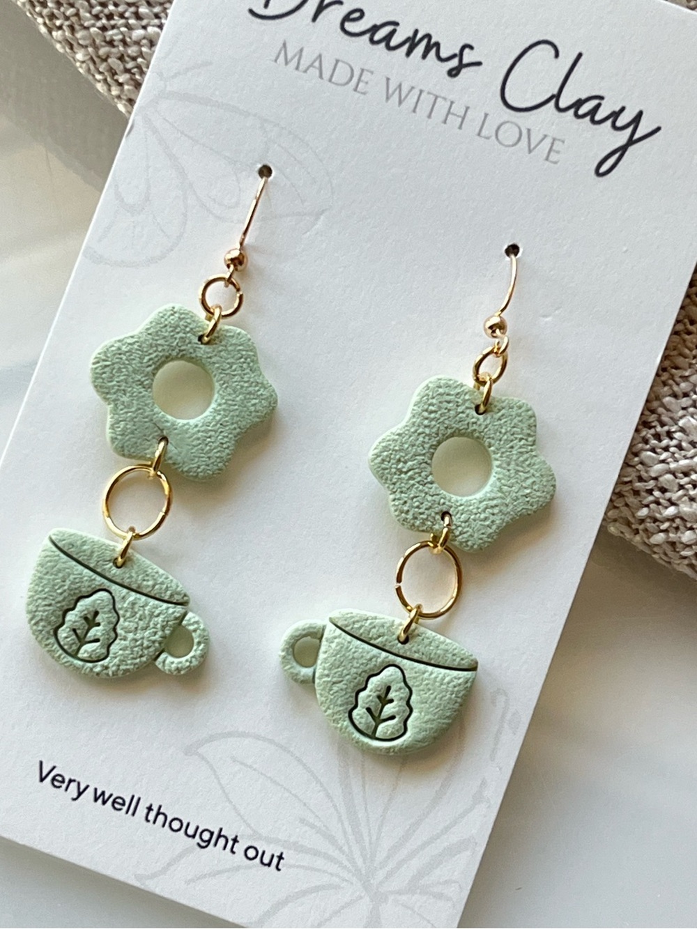 Handmade Mint Green Flower & Teacup Dangle Earrings